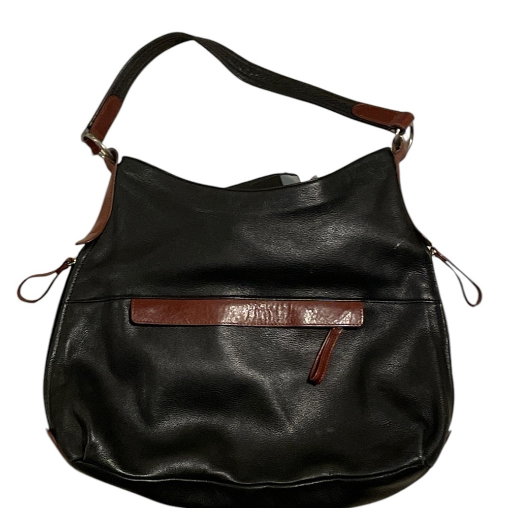 Osgoode Marley Large Pebbled Black Soft Leather Shoulder Bag Brown Trim Zip